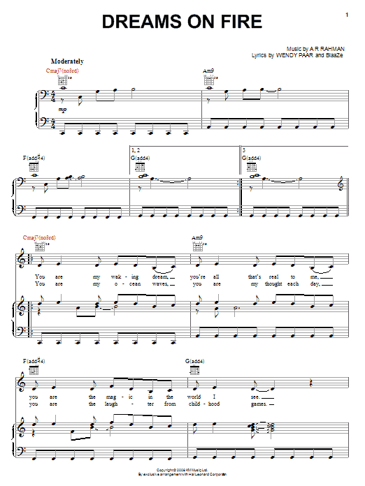 A. R. Rahman Dreams On Fire sheet music notes and chords arranged for Piano, Vocal & Guitar Chords (Right-Hand Melody)