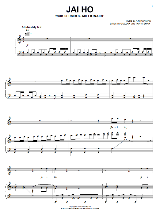 A. R. Rahman Jai Ho sheet music notes and chords. Download Printable PDF.