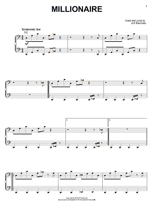 Learn to play A. R. Rahman Millionaire sheet music for Piano, Vocal & Guitar Chords (Right-Hand Melody) in minutes. Price: 7.8900$ A. R. Rahman Millionaire sheet music notes and chords arranged for Piano, Vocal & Guitar Chords (Right-Hand Melody)