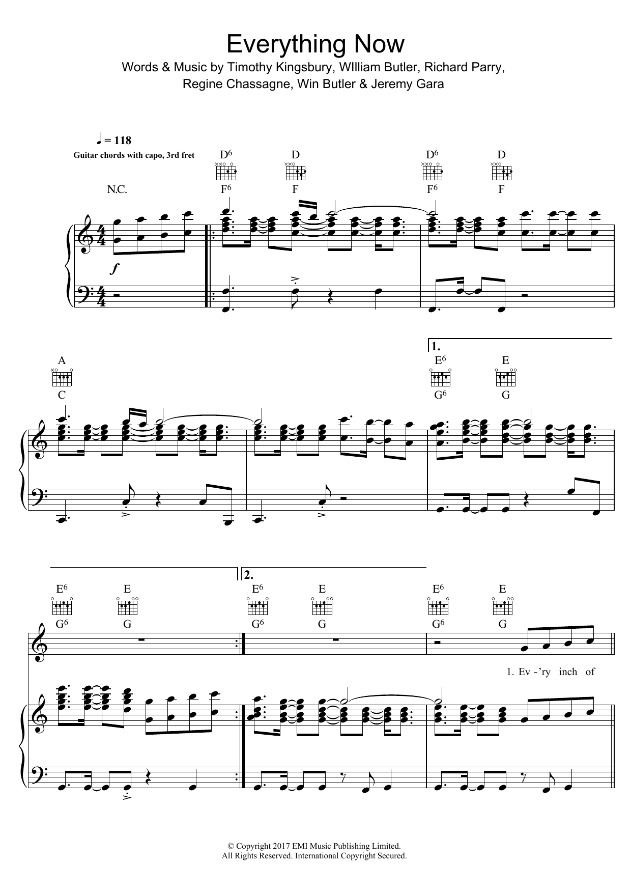 Arcade Fire Everything Now sheet music notes and chords. Download Printable PDF.