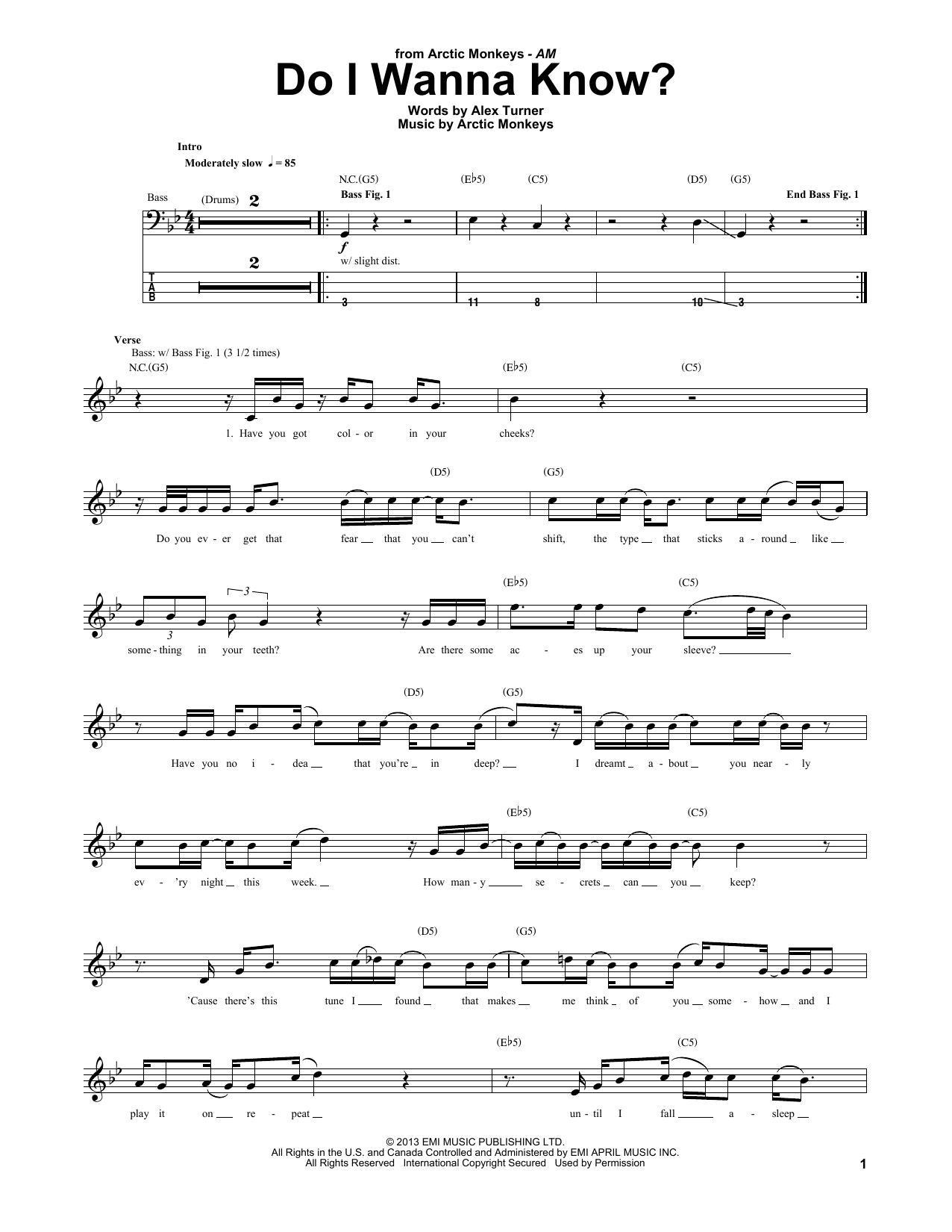 Arctic Monkeys Do I Wanna Know? sheet music notes and chords. Download Printable PDF.