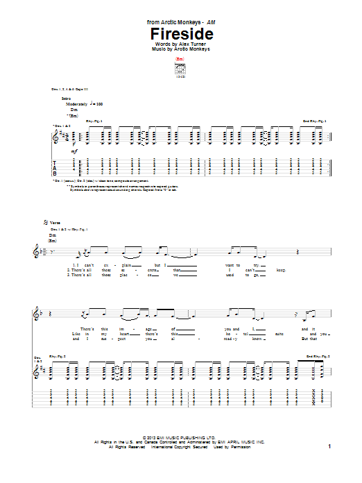 Learn to play Arctic Monkeys Fireside sheet music for Guitar Tab in minutes. Price: 7.8900$ Arctic Monkeys Fireside sheet music notes and chords arranged for Guitar Tab