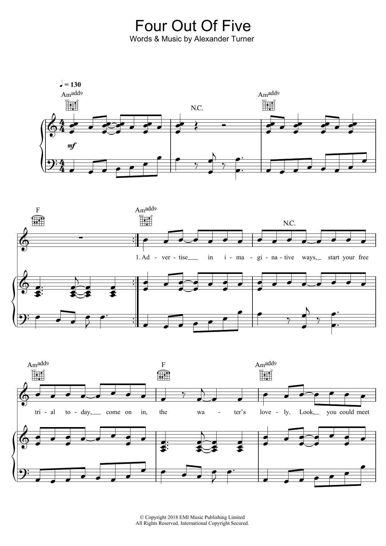 Learn to play Arctic Monkeys Four Out Of Five sheet music for Piano, Vocal & Guitar Chords in minutes. Price: 7.8900$ Arctic Monkeys Four Out Of Five sheet music notes and chords arranged for Piano, Vocal & Guitar Chords