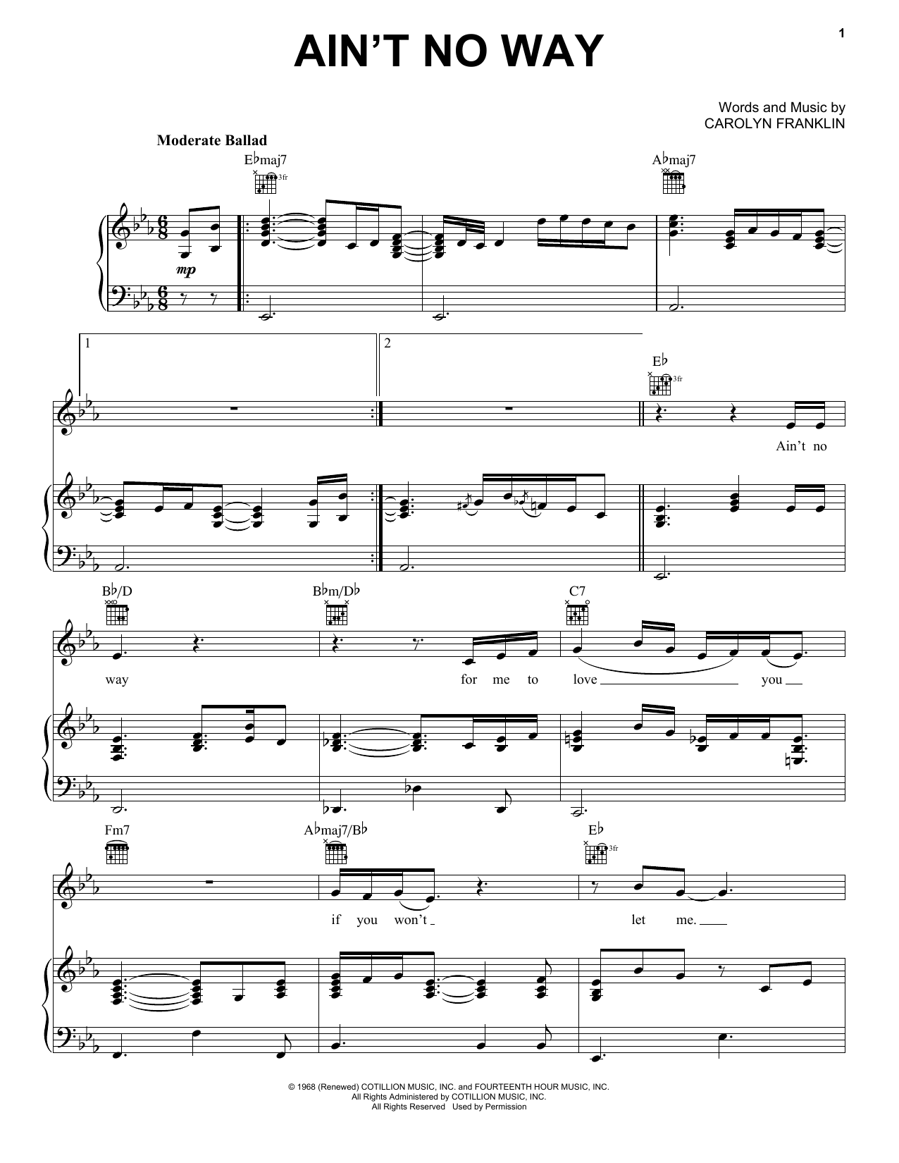 Aretha Franklin Ain't No Way sheet music notes and chords. Download Printable PDF.