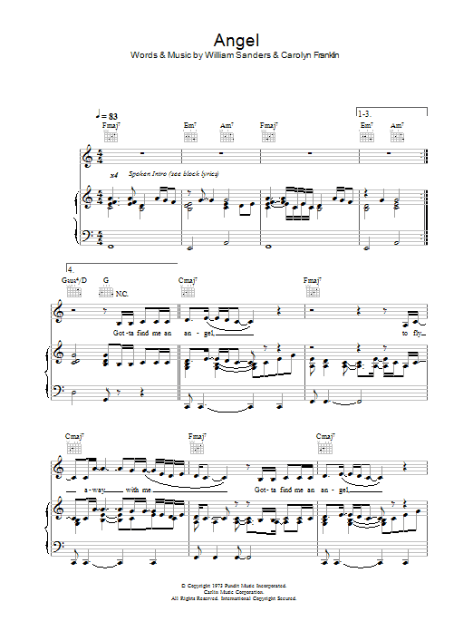 Aretha Franklin Angel sheet music notes and chords arranged for Piano, Vocal & Guitar Chords