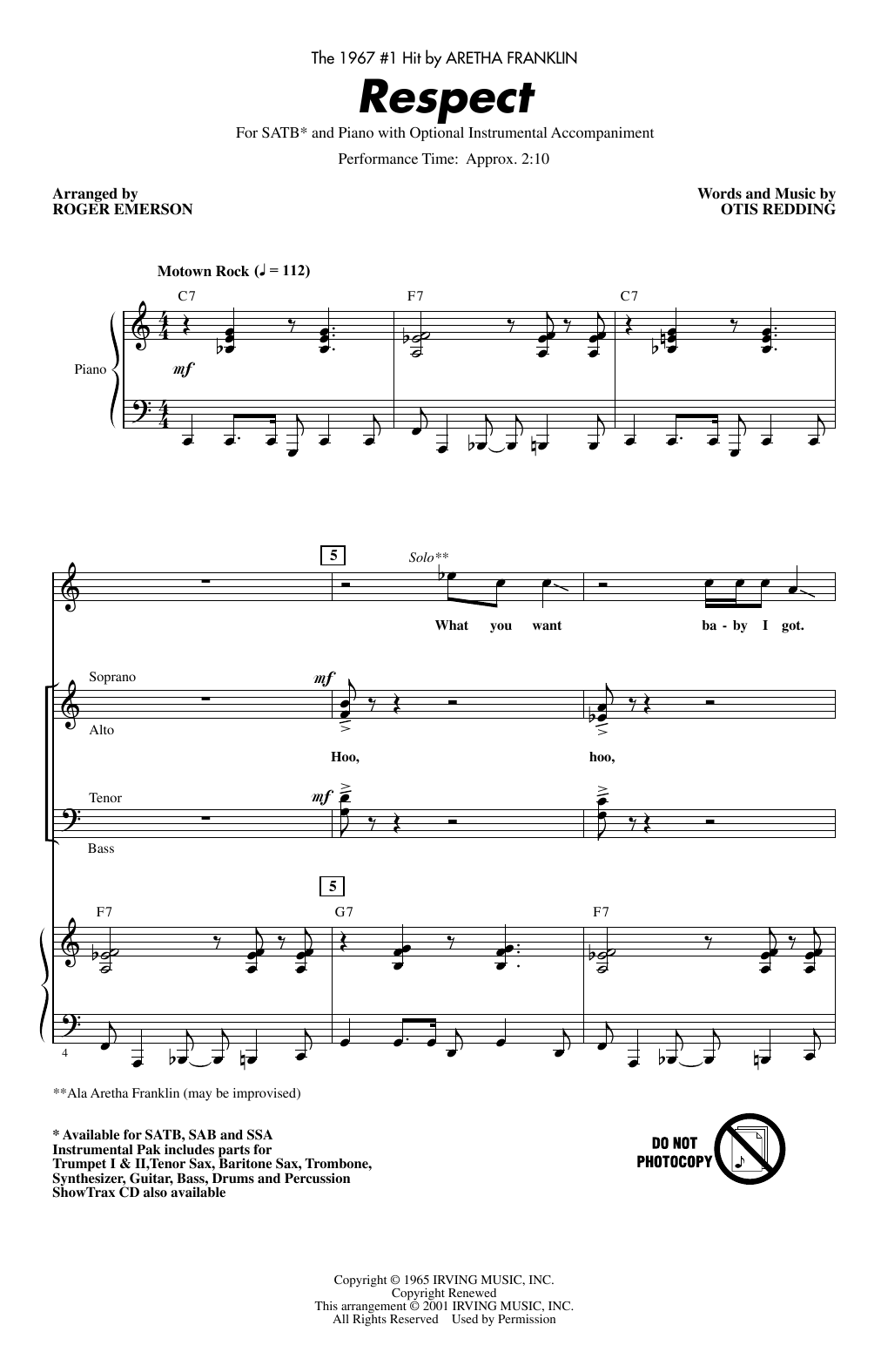 Aretha Franklin Respect (arr. Roger Emerson) sheet music notes and chords. Download Printable PDF.