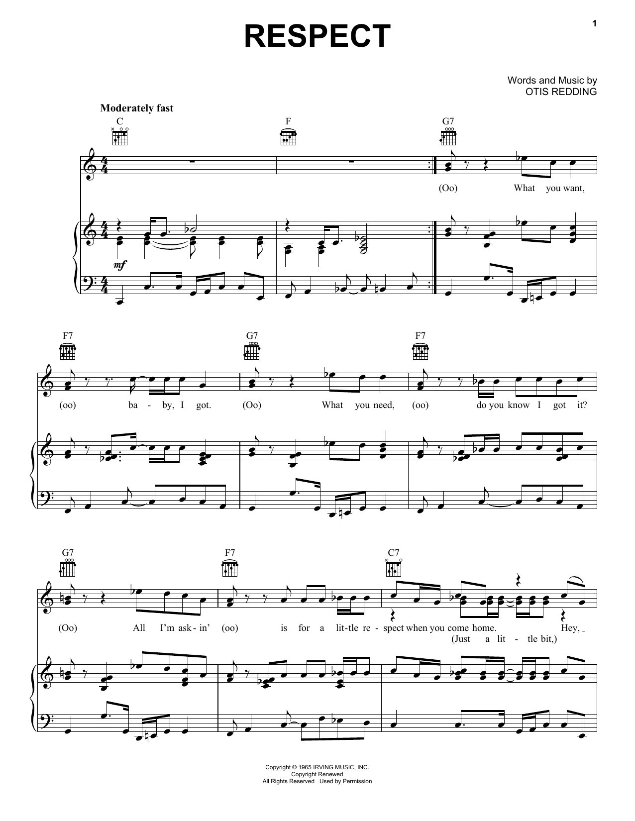 Aretha Franklin Respect sheet music notes and chords arranged for Guitar Chords/Lyrics