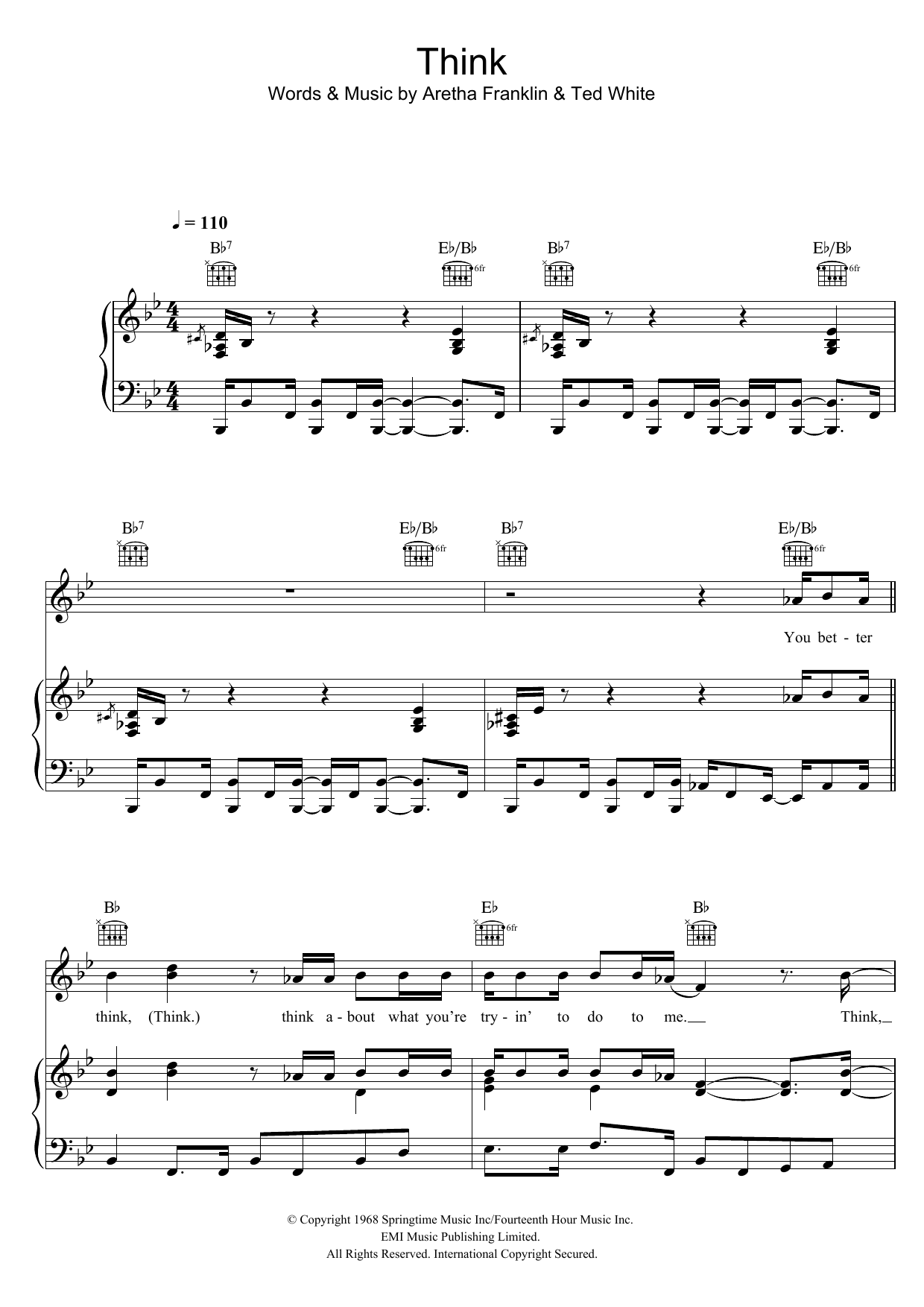 Aretha Franklin Think sheet music notes and chords. Download Printable PDF.