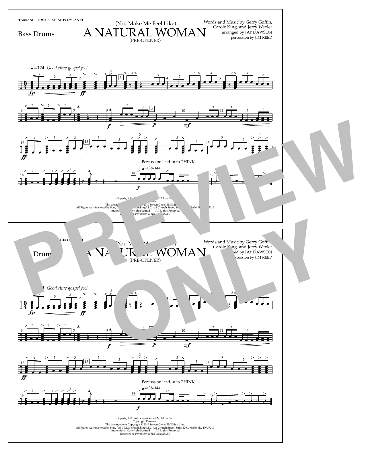 Aretha Franklin (You Make Me Feel Like) A Natural Woman (Pre-Opener) (arr. Jay Dawson) - Bass Drums sheet music notes and chords. Download Printable PDF.