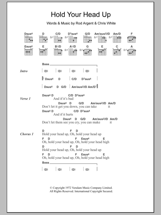 Argent Hold Your Head Up sheet music notes and chords arranged for Keyboard Transcription