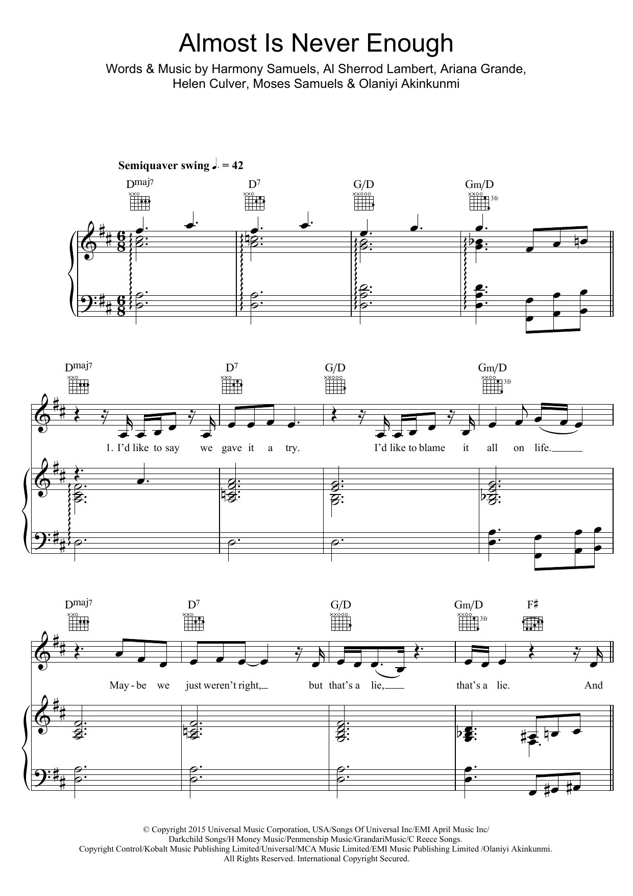 Ariana Grande Almost Is Never Enough (feat. Nathan Sykes) sheet music notes and chords. Download Printable PDF.