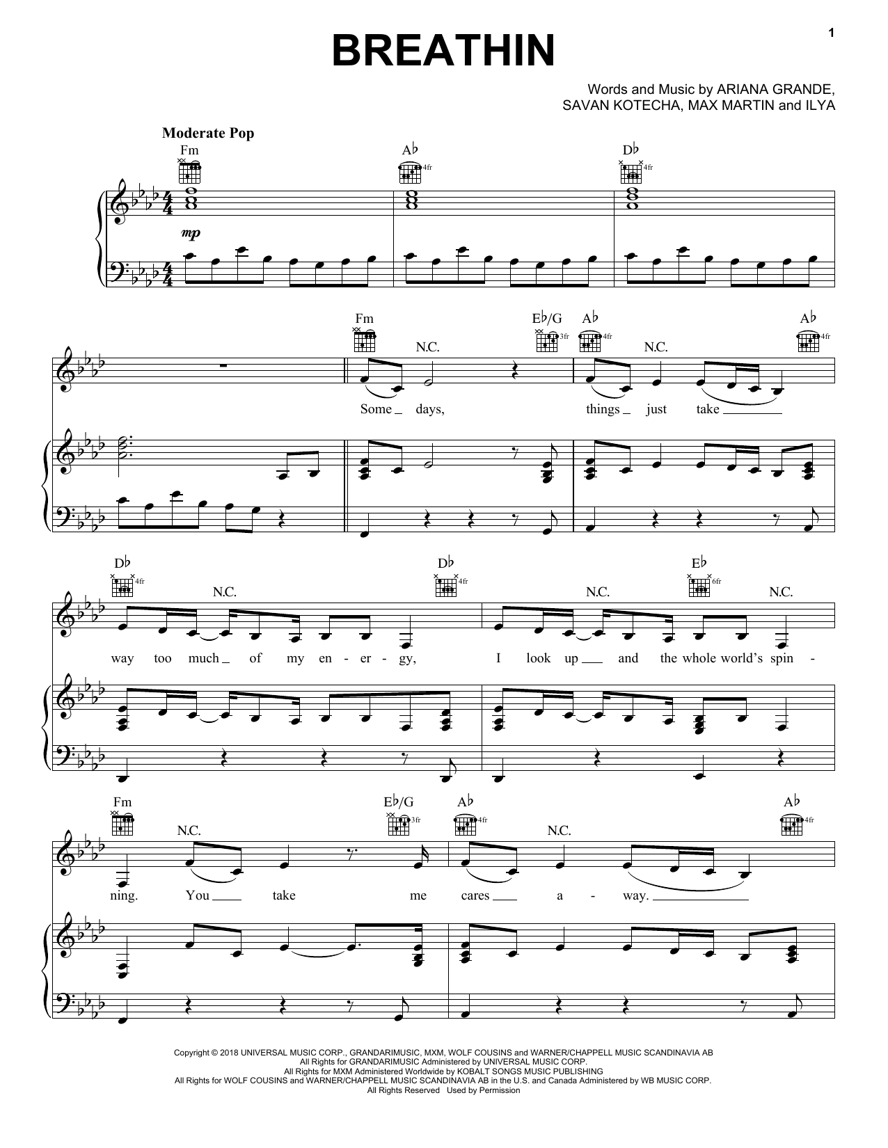 Ariana Grande Breathin sheet music notes and chords. Download Printable PDF.