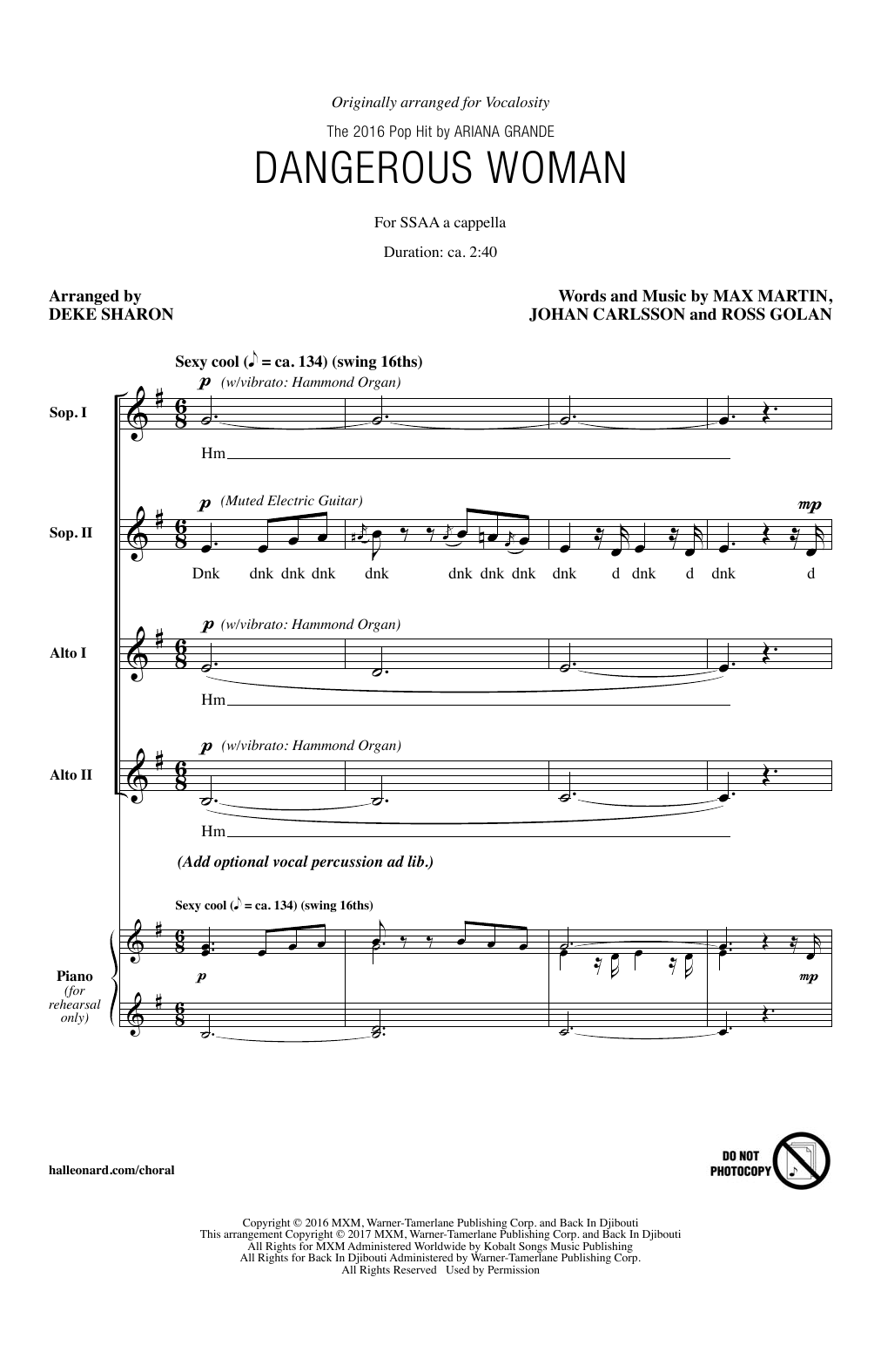 Ariana Grande Dangerous Woman (arr. Deke Sharon) sheet music notes and chords. Download Printable PDF.