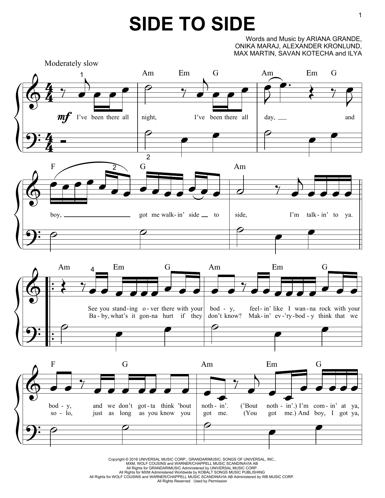 Ariana Grande Side To Side (feat. Nicki Minaj) sheet music notes and chords. Download Printable PDF.