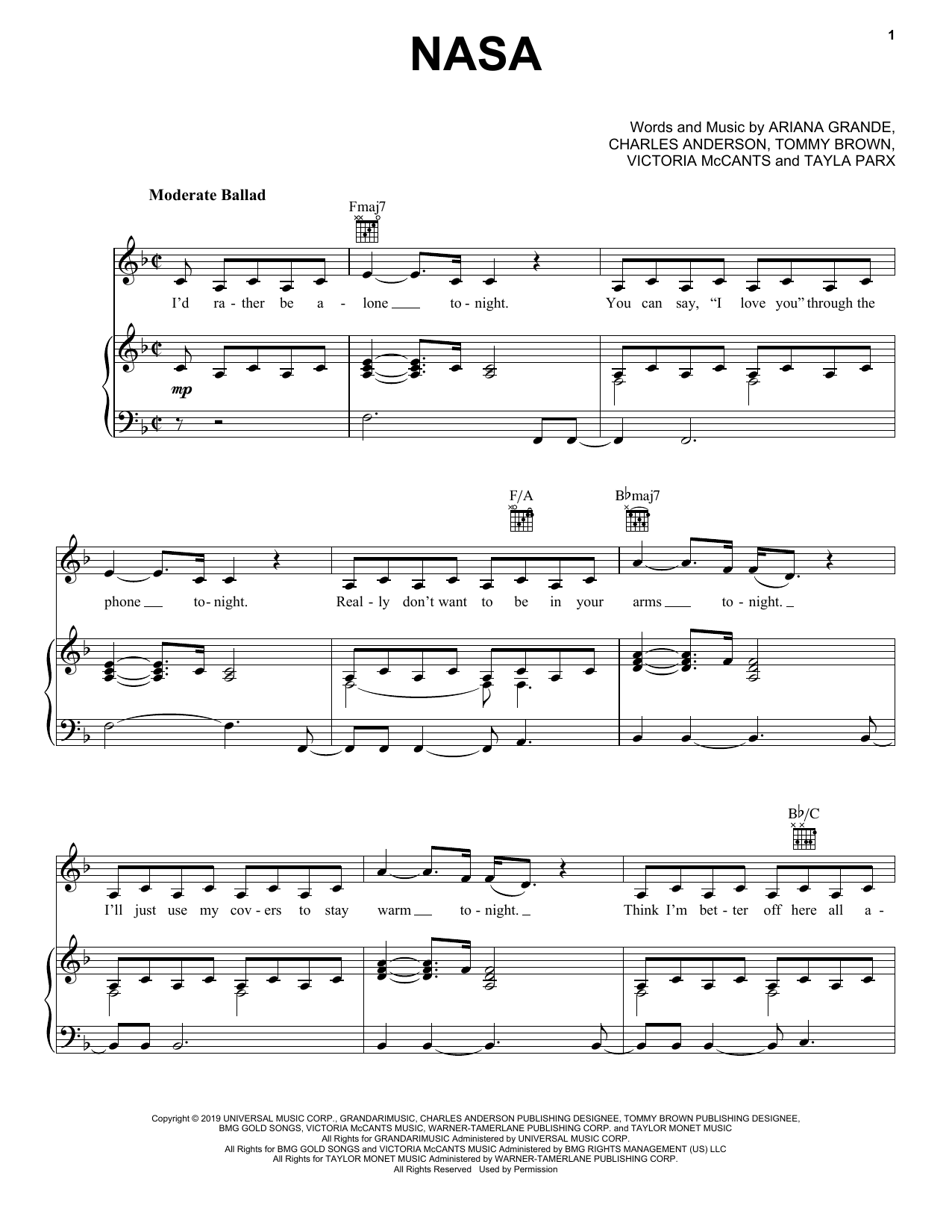 Learn to play Ariana Grande NASA sheet music for Piano, Vocal & Guitar Chords (Right-Hand Melody) in minutes. Price: 7.8900$ Ariana Grande NASA sheet music notes and chords arranged for Piano, Vocal & Guitar Chords (Right-Hand Melody)