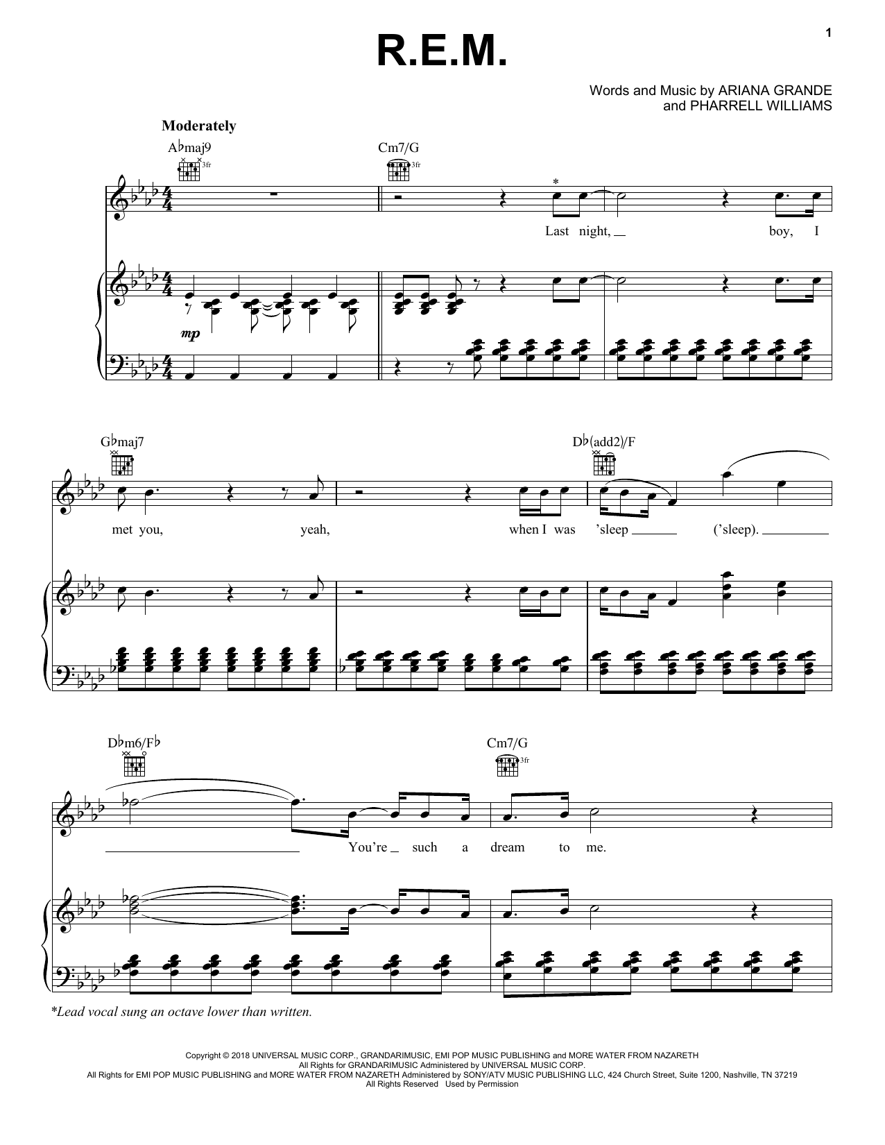 Learn to play Ariana Grande R.E.M. sheet music for Piano, Vocal & Guitar Chords (Right-Hand Melody) in minutes. Price: 7.8900$ Ariana Grande R.E.M. sheet music notes and chords arranged for Piano, Vocal & Guitar Chords (Right-Hand Melody)