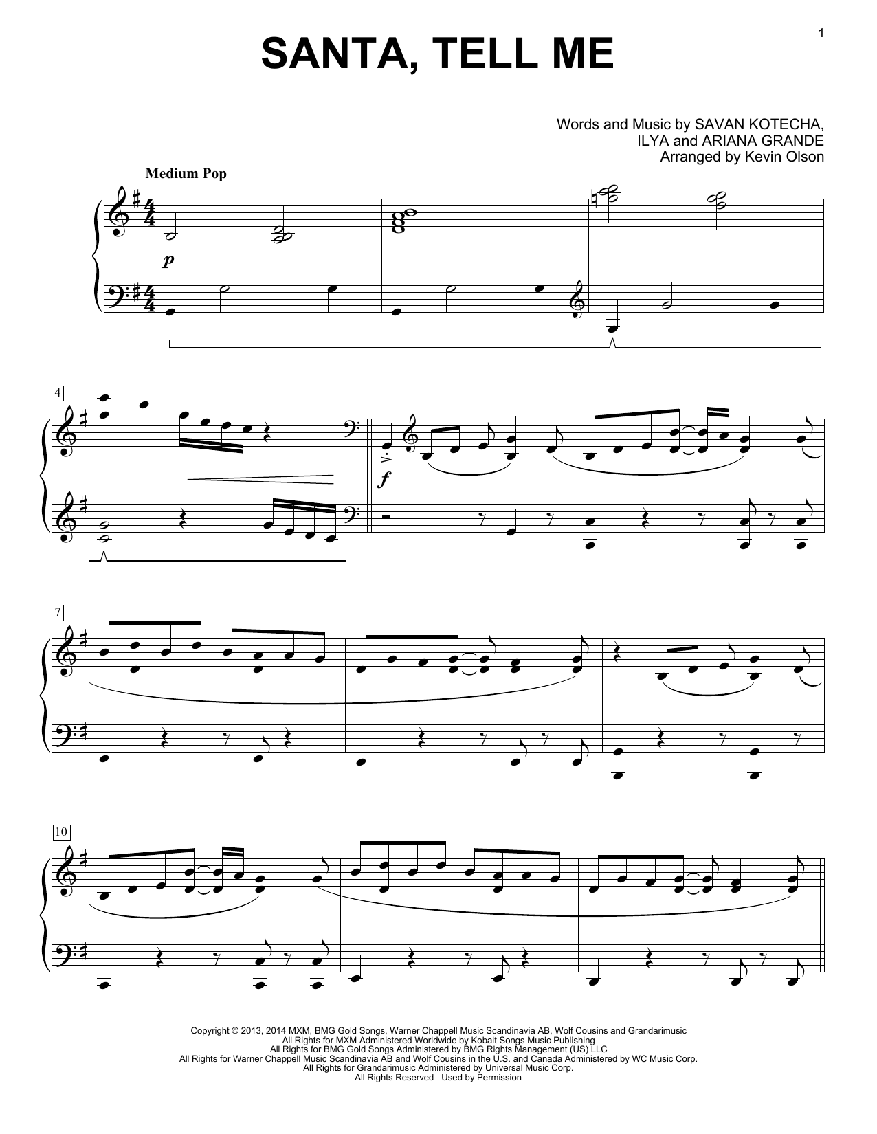 Ariana Grande Santa Tell Me (arr. Kevin Olson) sheet music notes and chords. Download Printable PDF.