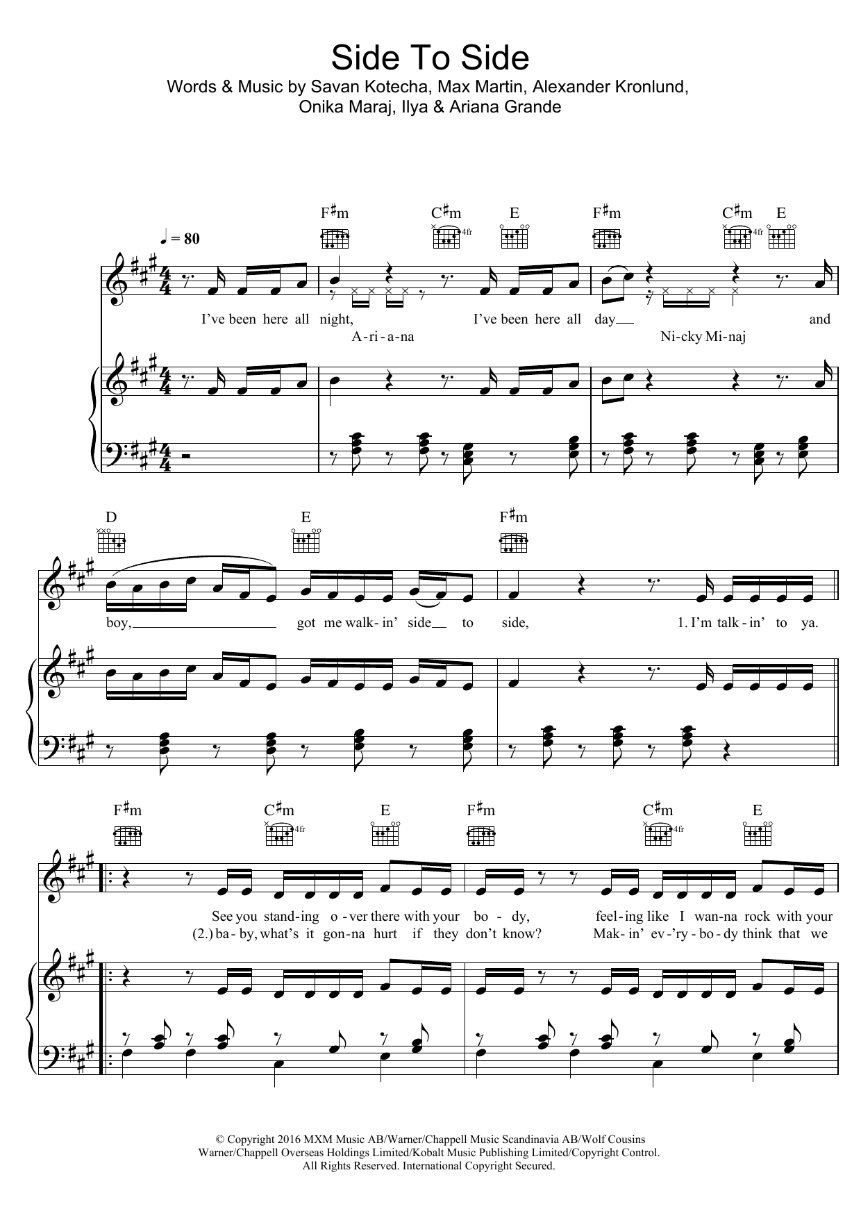 Ariana Grande Side To Side (feat. Nicki Minaj) sheet music notes and chords arranged for Piano, Vocal & Guitar Chords