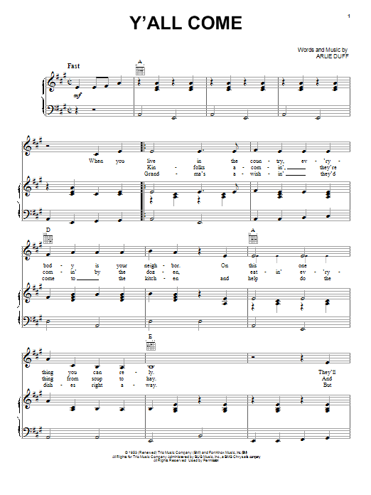 Arlie Duff Y'All Come sheet music notes and chords. Download Printable PDF.