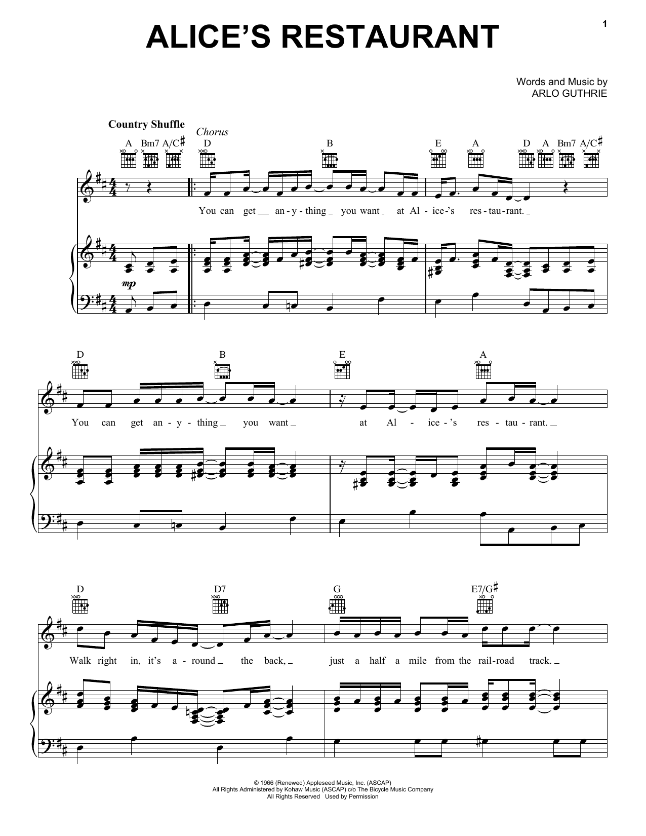 Arlo Guthrie Alice's Restaurant sheet music notes and chords arranged for Piano, Vocal & Guitar Chords (Right-Hand Melody)