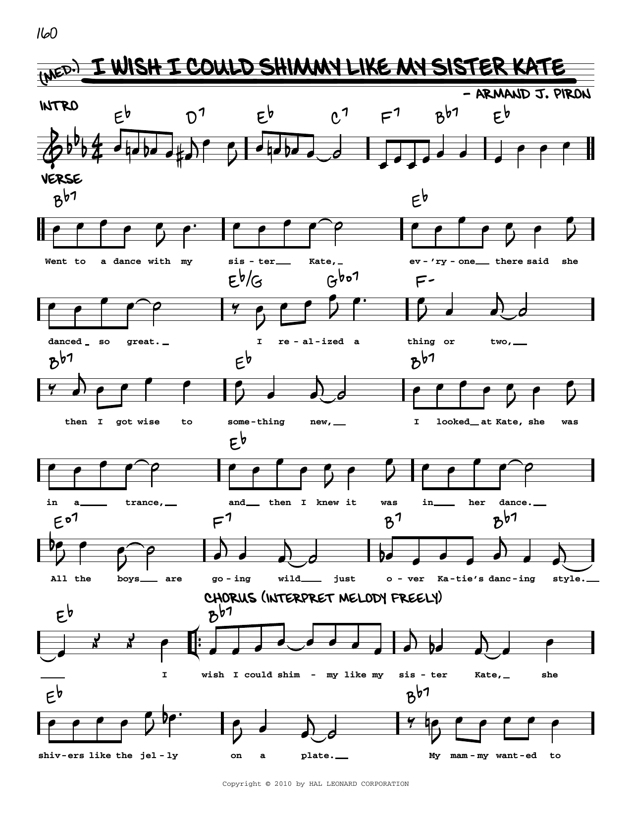 Armand J. Piron I Wish I Could Shimmy Like My Sister Kate (arr. Robert Rawlins) sheet music notes and chords arranged for Real Book – Melody, Lyrics & Chords