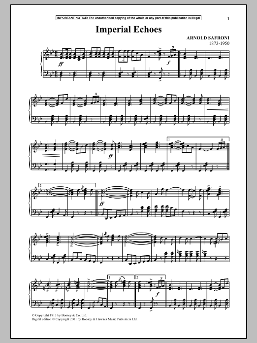 Learn to play Arnold Safroni Imperial Echoes sheet music for Piano Solo in minutes. Price: 7.8900$ Arnold Safroni Imperial Echoes sheet music notes and chords arranged for Piano Solo