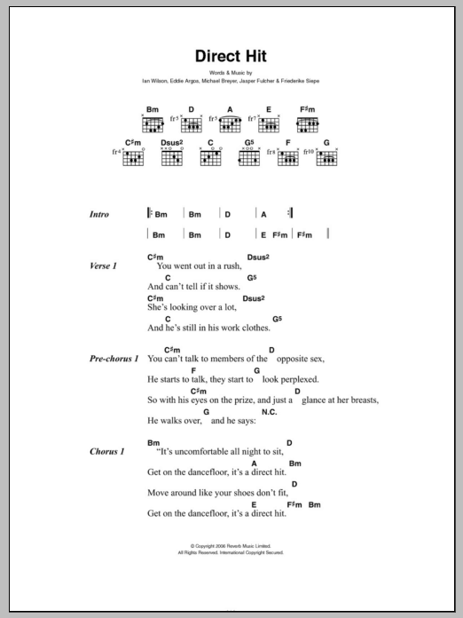Learn to play Art Brut Direct Hit sheet music for Guitar Chords/Lyrics in minutes. Price: 4.4900$ Art Brut Direct Hit sheet music notes and chords arranged for Guitar Chords/Lyrics