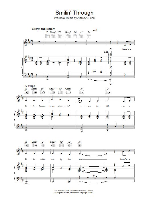 Learn to play Arthur A. Penn Smilin' Through sheet music for Piano & Vocal in minutes. Price: 6.9900$ Arthur A. Penn Smilin' Through sheet music notes and chords arranged for Piano & Vocal