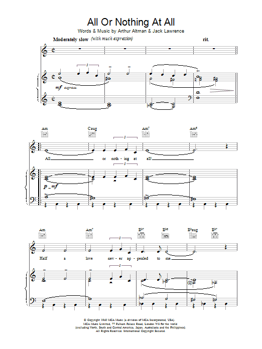 Frank Sinatra All Or Nothing At All sheet music notes and chords arranged for Piano, Vocal & Guitar Chords