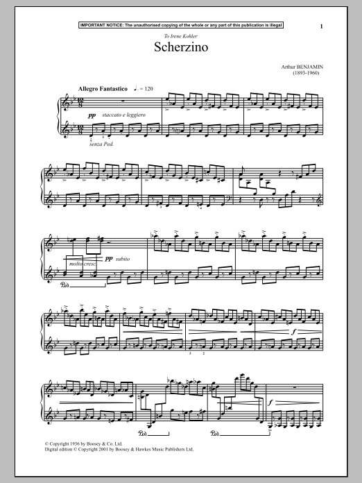 Learn to play Arthur Benjamin Scherzino sheet music for Piano Solo in minutes. Price: 7.8900$ Arthur Benjamin Scherzino sheet music notes and chords arranged for Piano Solo