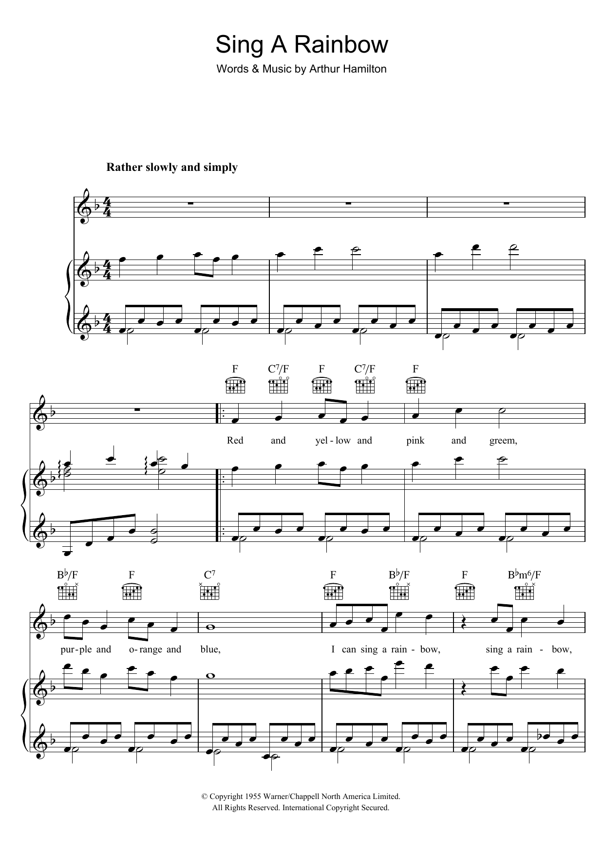 Arthur Hamilton Sing A Rainbow sheet music notes and chords. Download Printable PDF.