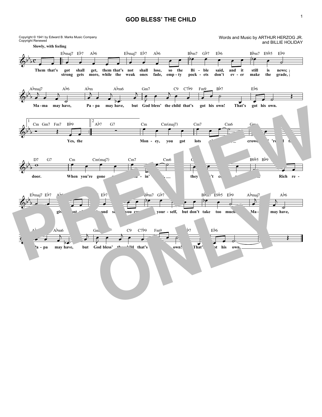 Arthur Herzog Jr. God Bless' The Child sheet music notes and chords. Download Printable PDF.