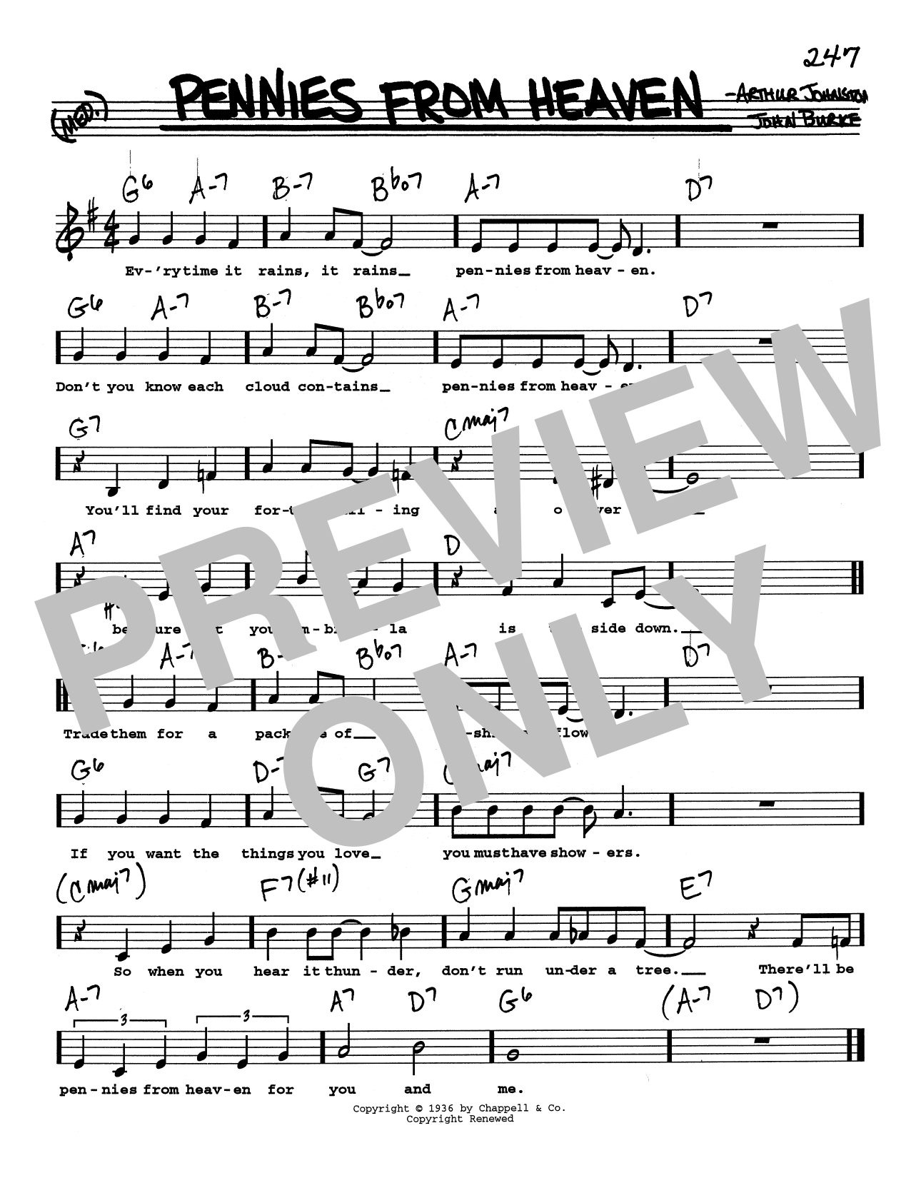 Arthur Johnston Pennies From Heaven (Low Voice) sheet music notes and chords arranged for Real Book – Melody, Lyrics & Chords