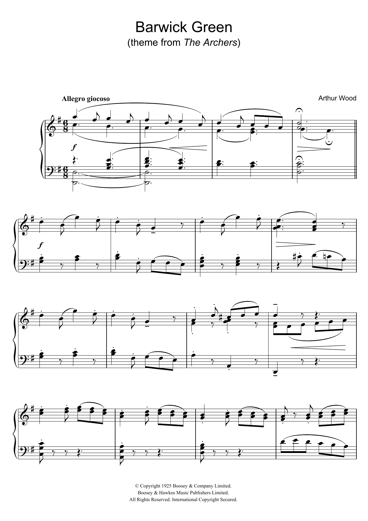 Arthur Wood Barwick Green (theme from The Archers) sheet music notes and chords. Download Printable PDF.