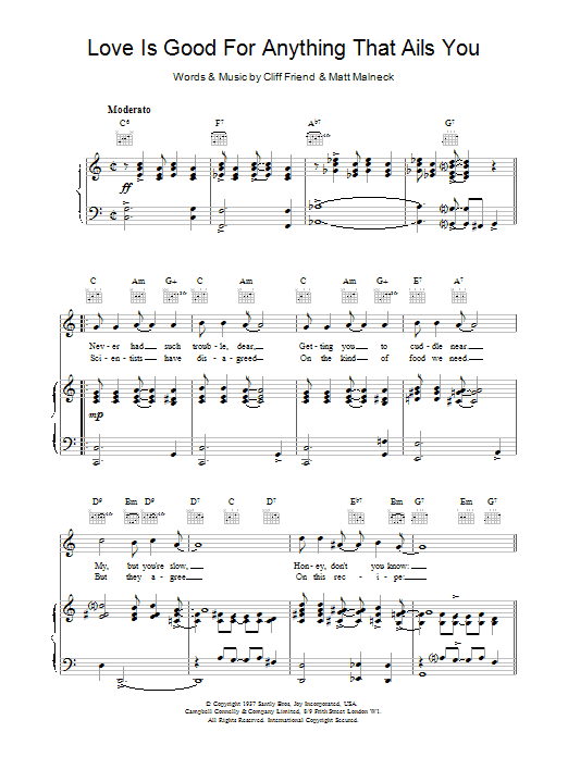 Learn to play Artie Shaw Love Is Good For Anything That Ails You sheet music for Piano, Vocal & Guitar Chords in minutes. Price: 7.8900$ Artie Shaw Love Is Good For Anything That Ails You sheet music notes and chords arranged for Piano, Vocal & Guitar Chords