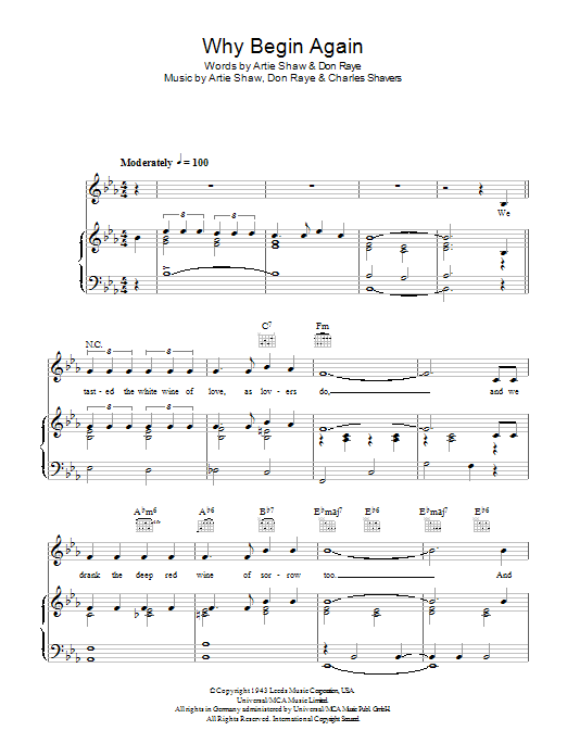 Learn to play Artie Shaw Why Begin Again sheet music for Piano, Vocal & Guitar Chords in minutes. Price: 7.8900$ Artie Shaw Why Begin Again sheet music notes and chords arranged for Piano, Vocal & Guitar Chords