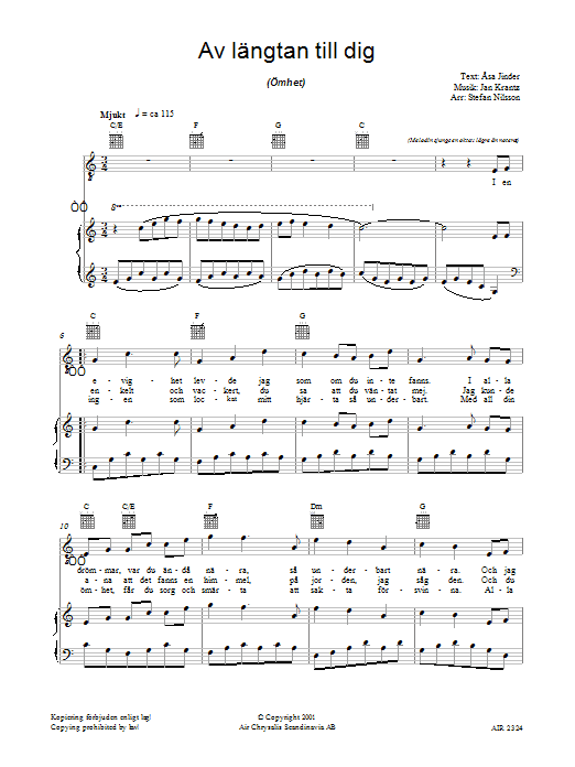 Learn to play Asa Jinder Av Langtan Till Dig sheet music for Piano, Vocal & Guitar Chords in minutes. Price: 7.8900$ Asa Jinder Av Langtan Till Dig sheet music notes and chords arranged for Piano, Vocal & Guitar Chords