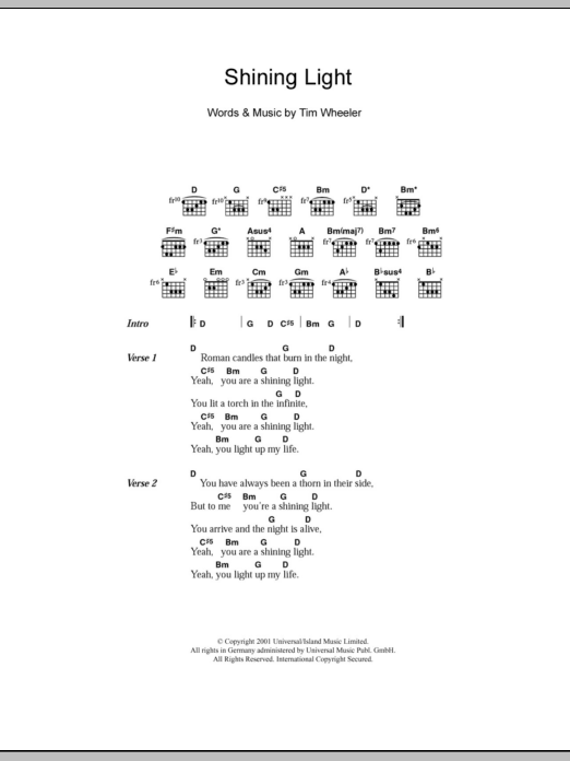 Ash Shining Light sheet music notes and chords arranged for Piano, Vocal & Guitar Chords