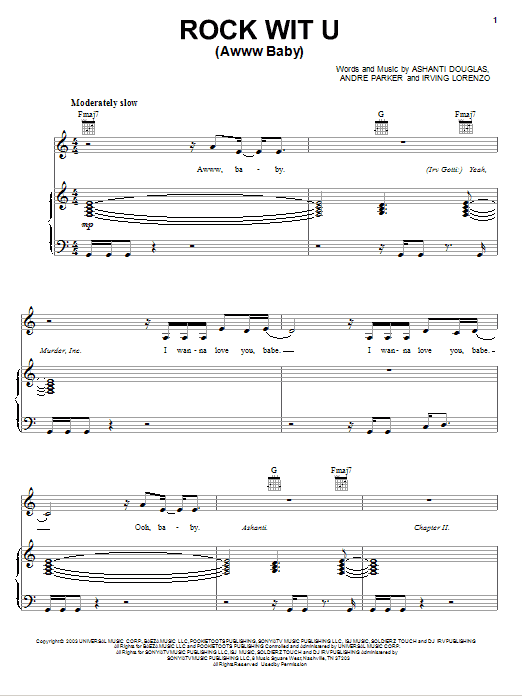 Learn to play Ashanti Rock Wit U (Awww Baby) sheet music for Piano, Vocal & Guitar Chords (Right-Hand Melody) in minutes. Price: 7.8900$ Ashanti Rock Wit U (Awww Baby) sheet music notes and chords arranged for Piano, Vocal & Guitar Chords (Right-Hand Melody)