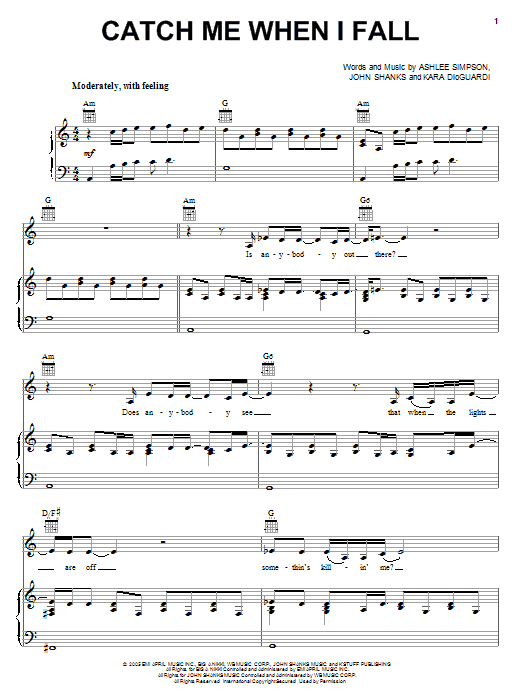 Learn to play Ashlee Simpson Catch Me When I Fall sheet music for Piano, Vocal & Guitar Chords (Right-Hand Melody) in minutes. Price: 7.8900$ Ashlee Simpson Catch Me When I Fall sheet music notes and chords arranged for Piano, Vocal & Guitar Chords (Right-Hand Melody)