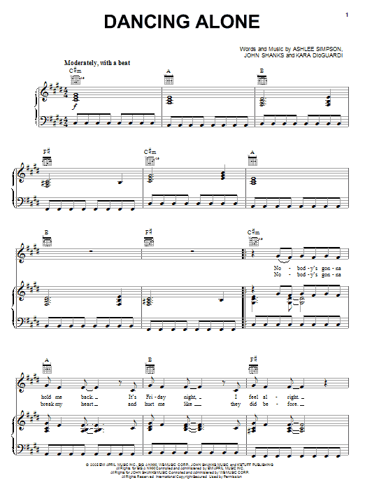 Learn to play Ashlee Simpson Dancing Alone sheet music for Piano, Vocal & Guitar Chords (Right-Hand Melody) in minutes. Price: 7.8900$ Ashlee Simpson Dancing Alone sheet music notes and chords arranged for Piano, Vocal & Guitar Chords (Right-Hand Melody)