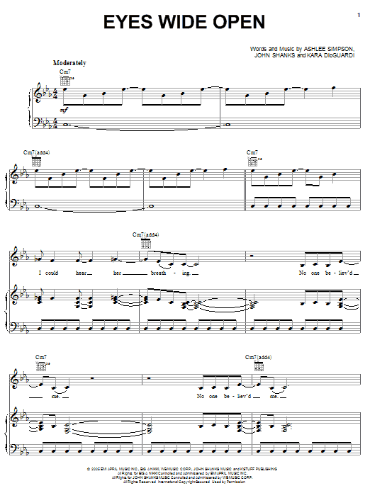 Learn to play Ashlee Simpson Eyes Wide Open sheet music for Piano, Vocal & Guitar Chords (Right-Hand Melody) in minutes. Price: 7.8900$ Ashlee Simpson Eyes Wide Open sheet music notes and chords arranged for Piano, Vocal & Guitar Chords (Right-Hand Melody)