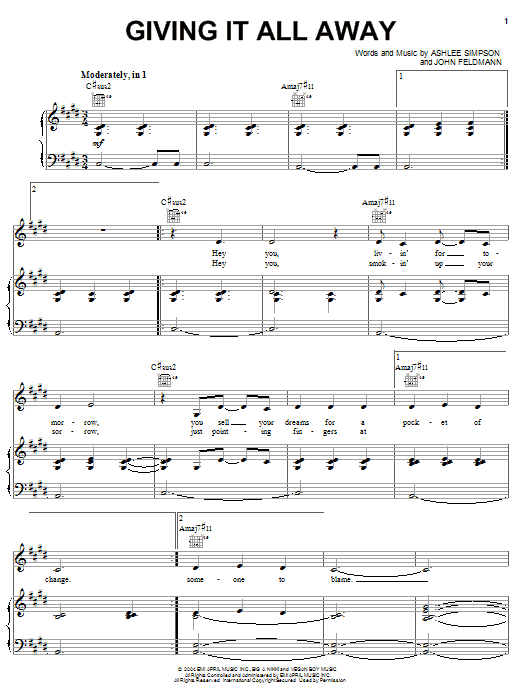 Learn to play Ashlee Simpson Giving It All Away sheet music for Piano, Vocal & Guitar Chords (Right-Hand Melody) in minutes. Price: 7.8900$ Ashlee Simpson Giving It All Away sheet music notes and chords arranged for Piano, Vocal & Guitar Chords (Right-Hand Melody)