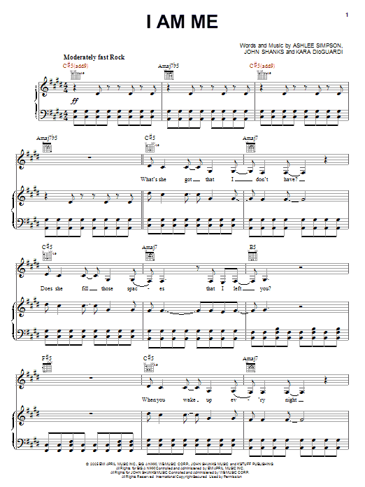 Learn to play Ashlee Simpson I Am Me sheet music for Piano, Vocal & Guitar Chords (Right-Hand Melody) in minutes. Price: 7.8900$ Ashlee Simpson I Am Me sheet music notes and chords arranged for Piano, Vocal & Guitar Chords (Right-Hand Melody)
