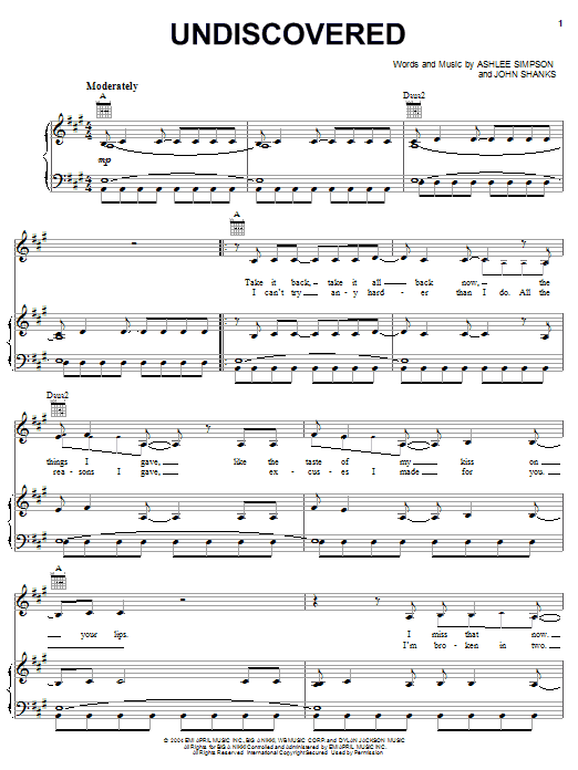 Learn to play Ashlee Simpson Undiscovered sheet music for Piano, Vocal & Guitar Chords (Right-Hand Melody) in minutes. Price: 7.8900$ Ashlee Simpson Undiscovered sheet music notes and chords arranged for Piano, Vocal & Guitar Chords (Right-Hand Melody)