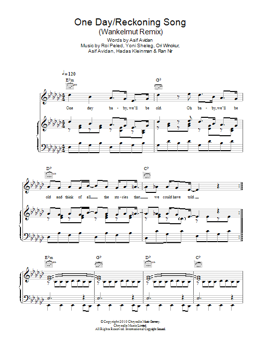 Learn to play Asaf Avidan One Day/Reckoning Song (Wankelmut Remix) sheet music for Piano, Vocal & Guitar Chords in minutes. Price: 7.8900$ Asaf Avidan One Day/Reckoning Song (Wankelmut Remix) sheet music notes and chords arranged for Piano, Vocal & Guitar Chords