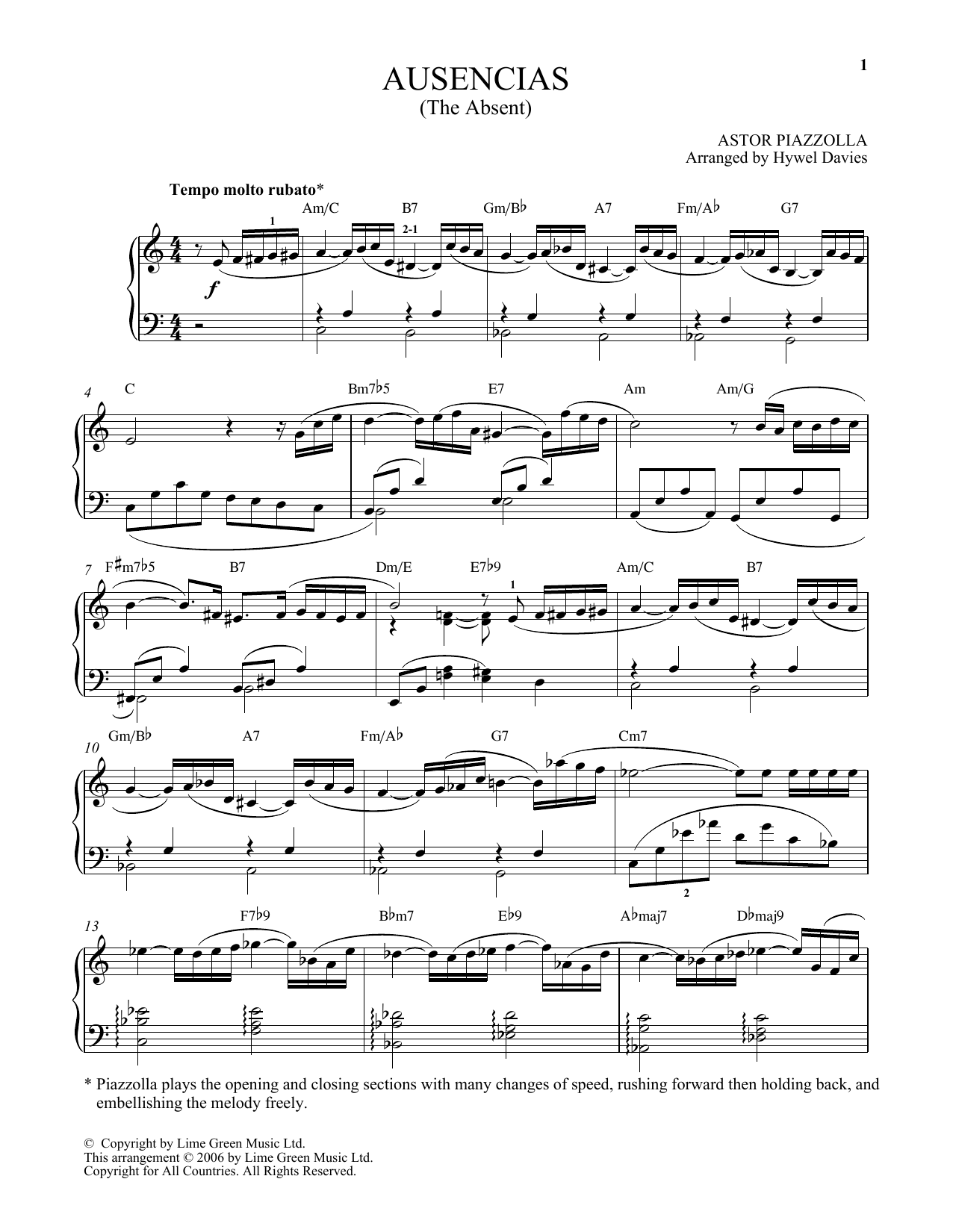 Astor Piazzolla Ausencias sheet music notes and chords. Download Printable PDF.