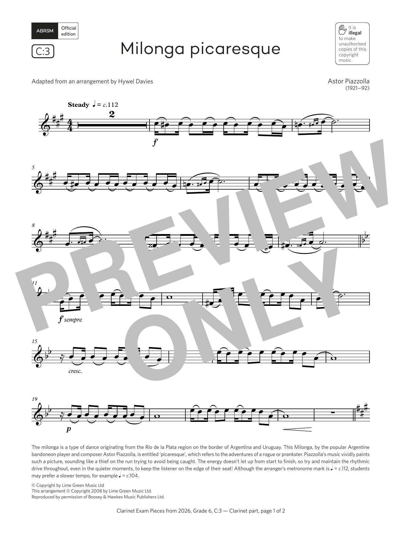 Learn to play Astor Piazzolla Milonga picaresque (Grade 6, list C3, from the ABRSM Clarinet Syllabus from 2026) sheet music for Clarinet Solo in minutes. Price: 6.9900$ Astor Piazzolla Milonga picaresque (Grade 6, list C3, from the ABRSM Clarinet Syllabus from 2026) sheet music notes and chords arranged for Clarinet Solo
