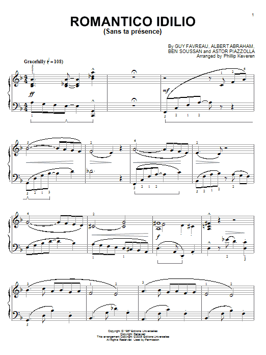 Learn to play Astor Piazzolla Romantico Idilio (Sans ta presence) sheet music for Piano Solo in minutes. Price: 7.8900$ Astor Piazzolla Romantico Idilio (Sans ta presence) sheet music notes and chords arranged for Piano Solo