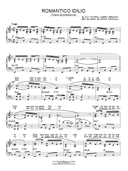 Learn to play Astor Piazzolla Romantico Idilio (Sans ta presence) sheet music for Piano Solo in minutes. Price: 7.8900$ Astor Piazzolla Romantico Idilio (Sans ta presence) sheet music notes and chords arranged for Piano Solo